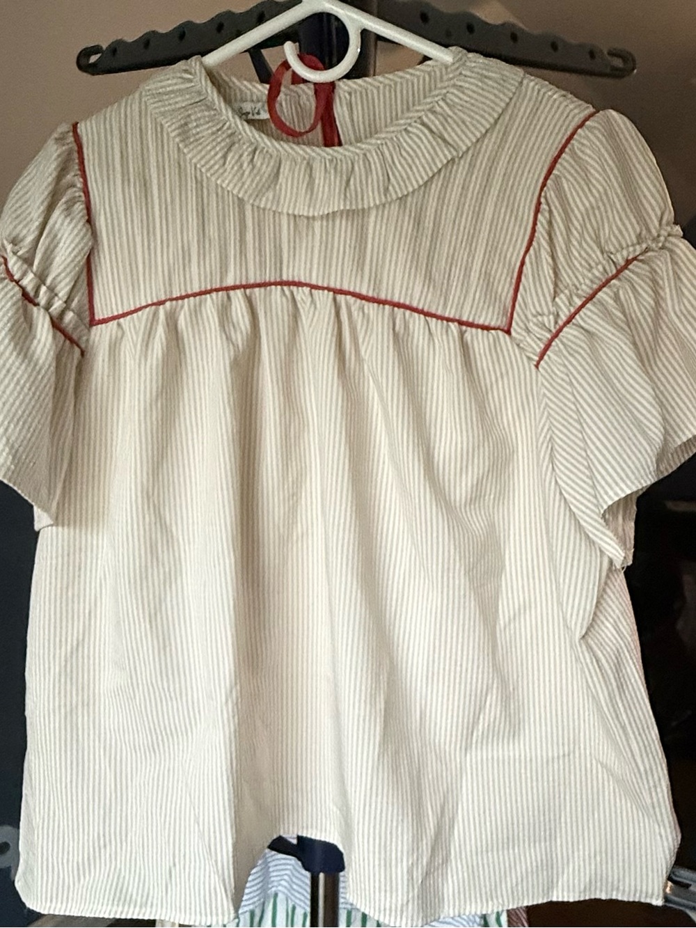 Sage Vali Striped Ruffle Blouse Women’s L Red Piping Cottagecore Prairie